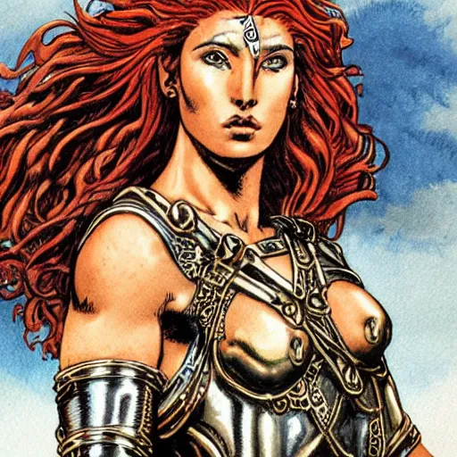 Image similar to greek amazon warrior, a tall beautiful woman with bronzed skin and long red hair, dressed in hellenistic body armour, intricate, elegant, highly detailed, smooth, sharp focus, detailed face, high contrast, graphic novel, art by alan davis,