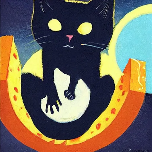 Image similar to “ a cat sitting on the moon made of cheese, bright color, by coby whitmore ”