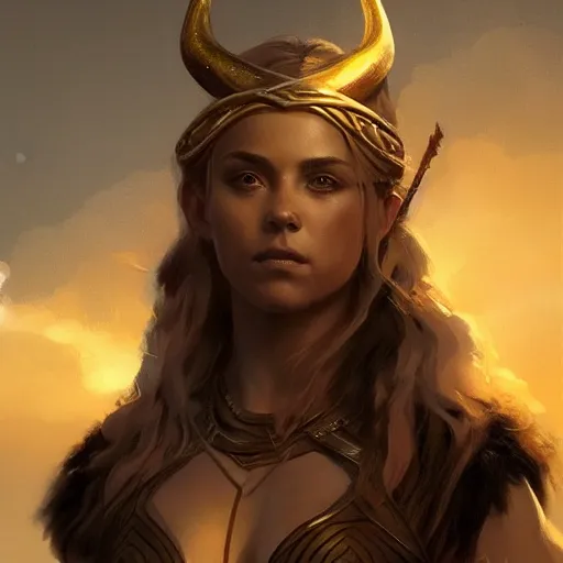 Prompt: a beautiful Norse Warrior based on Shakira with glowing aura by Greg Rutkowski and Raymond Swanland, Trending on Artstation, cloudy background, ultra realistic digital art
