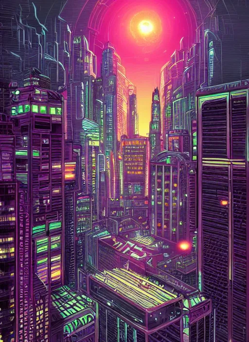 Image similar to a futuristic city at night by Dan Mumford