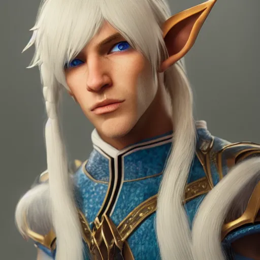 Prompt: a highly detailed male elf in full length, with white long hair, white clothes, bright blue eyes, artstation, DeviantArt, professional, octane render