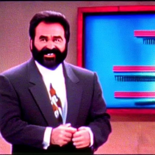 Image similar to Billy Mays hosting Jeopardy, VHS tape footage, 1991, the set of Jeopardy
