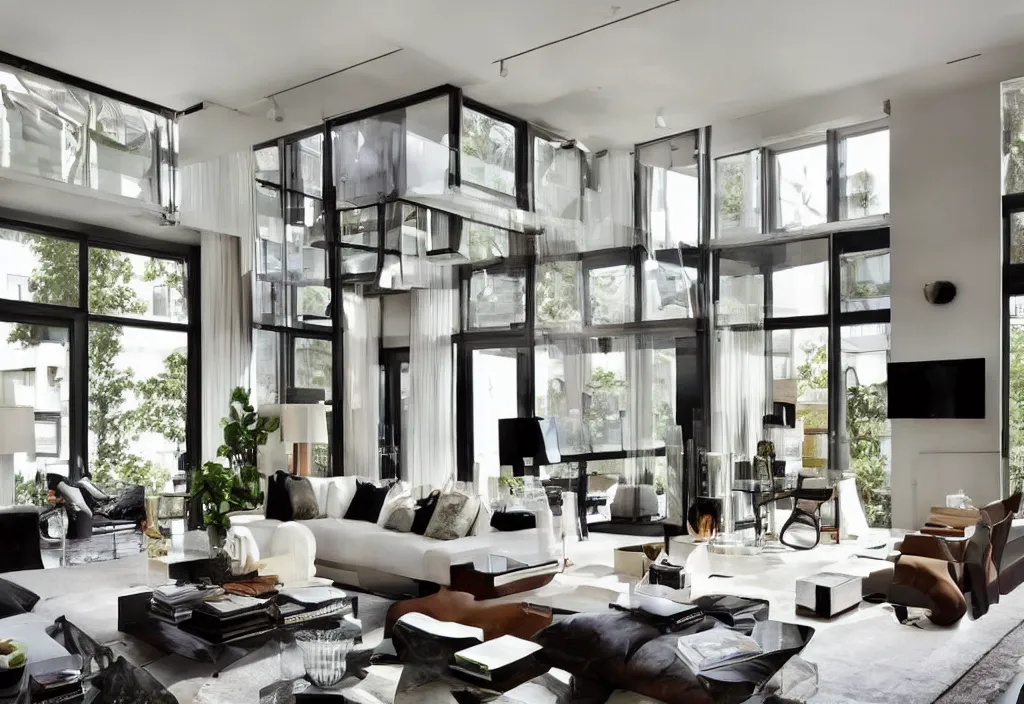 Prompt: a modern interior design, living room, residential design, floor - to - ceiling windows, by nate berkus, trending ，