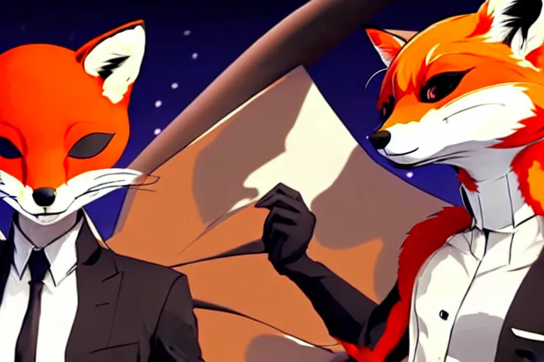 Image similar to a furry tan male fox on a persona 5 : royal ( by atlus ) video game splash screen, a furry male sandcolored tan fox fursona ( has hair ), persona 5 phantom thief style