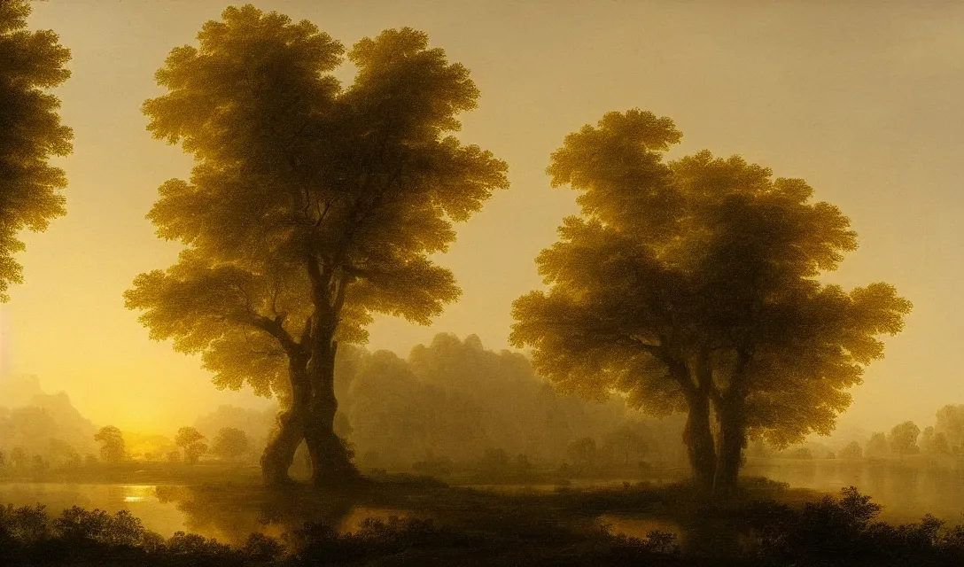 Prompt: a diamond tree forest at sunset, there is golden castle off in the distance, highly detailed landscape painting by claude lorrain but as photography, golden hour, misty ominous atmosphere