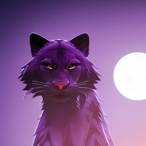 Image similar to render of a large purple panther roaring at night. moon in background. digital drawing, illustration, 4 k, highly detailed, artstation, realistic, dramatic, darkness.