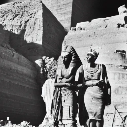 Prompt: a rare candid photograph taken of young queen nefertiti and tutankhamun clearly showing their faces talking to workers with the construction of the khufu pyramid in the background, dslr