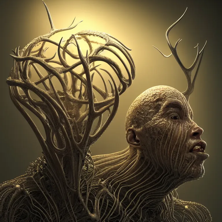 Image similar to portrait of transparent alien man with ribbed body, covered with twisted ribbed crooked antlers in wastelands on white exoplanet, baroque portrait painting, beautiful intricate insanely detailed octane render, artstation, 8 k artistic photography, photorealistic, volumetric perfect light, chiaroscuro, raphael, caravaggio, beksinski, rutkowski, giger