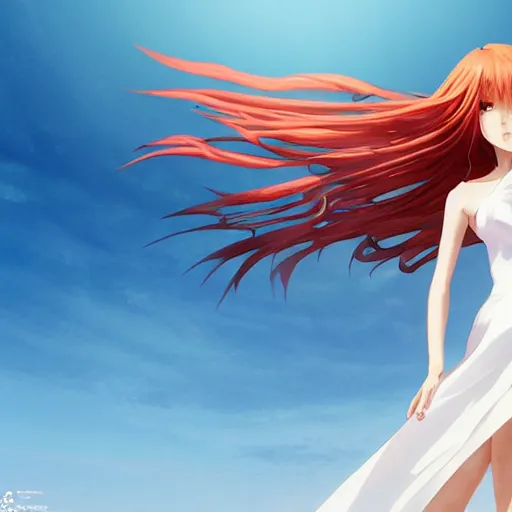 Prompt: octane render panoramic shot of a beautiful anime girl in a long white dress on a beach. Red hair, dramatic lighting, trending on artstation. Pixiv, Hyperdetailed, Ultra HD, WLOP, Rossdraws, James Jean Marc Simonetti, Ruan Jia and Mandy Jurgens and Artgerm and William-Adolphe Bouguerea, Sakimichan, Yuru camp, Illustration, digital art, concept art, manga cover