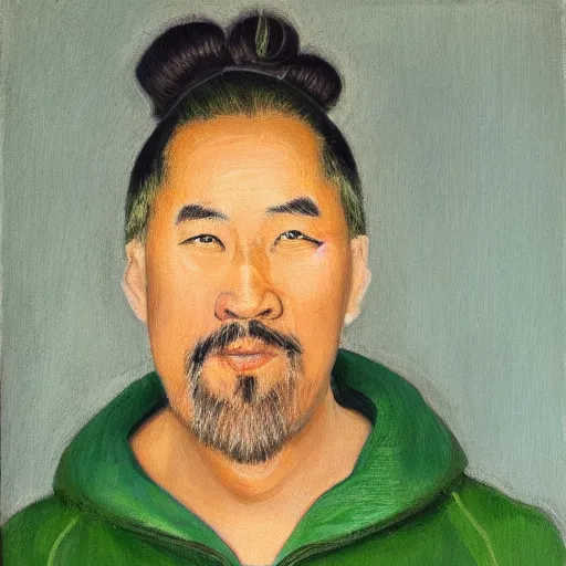 Prompt: portrait of an asian man with a blonde hair, a ponytail and a goatee. wearing a beige raincoat over a green neck sweater. oil painting, warm colors.