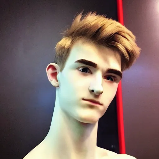 Image similar to “a realistic detailed photo of a guy who is an attractive humanoid who is half robot and half humanoid, who is a male android, twitch streamer Ninja Tyler Blevins, shiny skin, posing like a statue, blank stare”