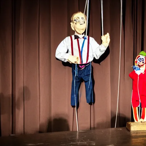 Image similar to puppet show with a puppeteer using a string marionette of a president with clown makeup in a podium