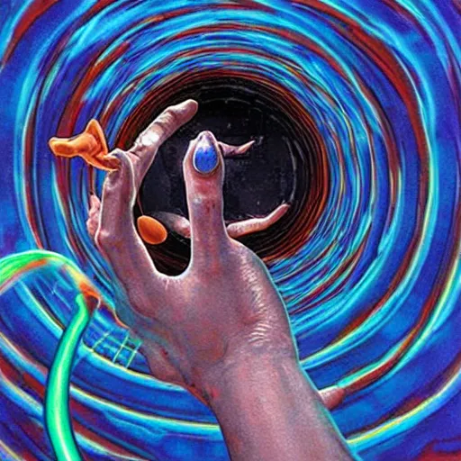 Image similar to A performance art. A rip in spacetime. Did this device in her hand open a portal to another dimension or reality?! warm blue by Robert Williams unified, depressing