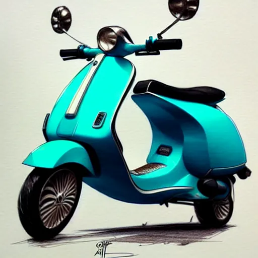 Image similar to a turquoise vespa moped, realistic, concept art, intricate details, detailed, photorealistic, pencil and watercolor, art by artgerm and greg rutkowski