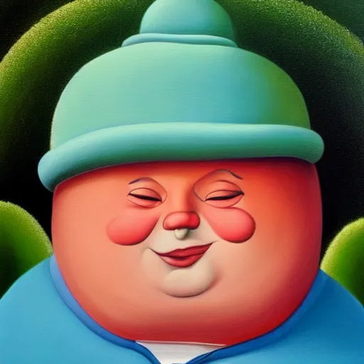 Image similar to a fernando botero painting of eric cartman, oil on canvas, art