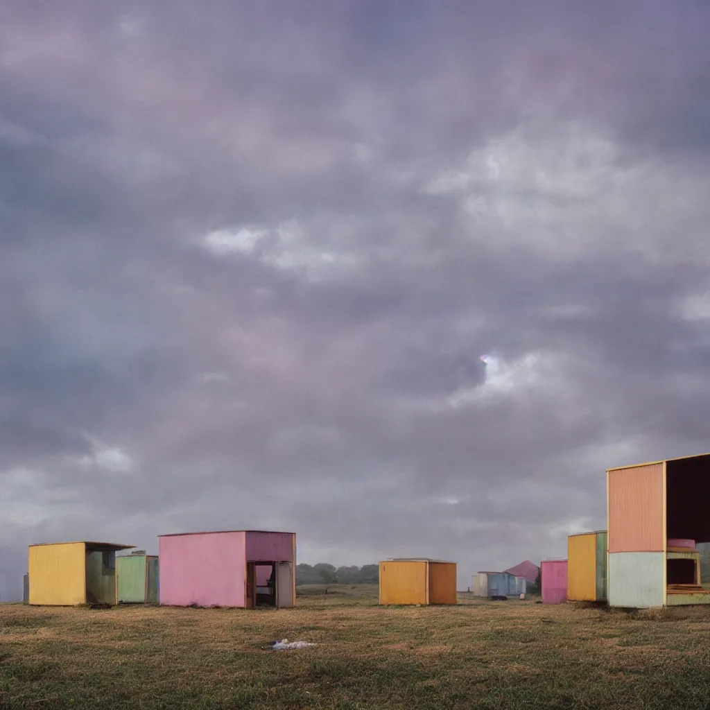 Prompt: vertically stacked makeshift squatter shacks with pastel colours, plain uniform sky at the back, misty, mamiya, ultra sharp, very detailed, photographed by alejandro jodorowsky