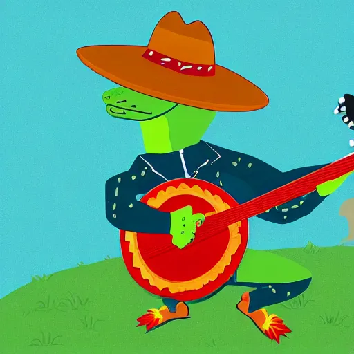 Image similar to an illustration of a alligator playing a banjo and wearing a cowboy hat