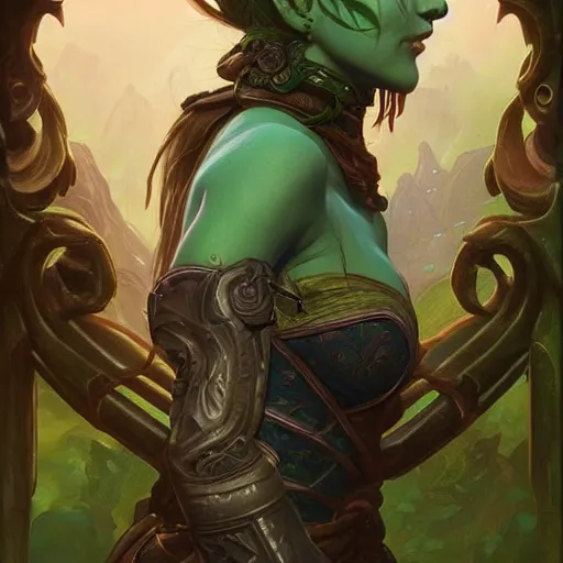 Image similar to green female ogre, deep focus, d & d, fantasy, intricate, elegant, highly detailed, digital painting, artstation, concept art, matte, sharp focus, illustration, hearthstone, art by artgerm and greg rutkowski and alphonse mucha