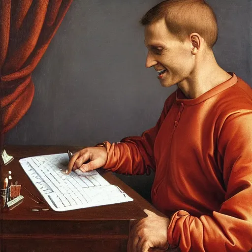 Image similar to a happy man studying soccer on his computer, detailed, highly detailed, heroic, epic, complex, very detailed, realistic, HD quality, 8k resolution, body and headshot, Oil Painting, Italian Renaissance Painting of Jerma985, Italian Renaissance Painting Style, Renaissance Painting Style, Painting, Trending on Artstation