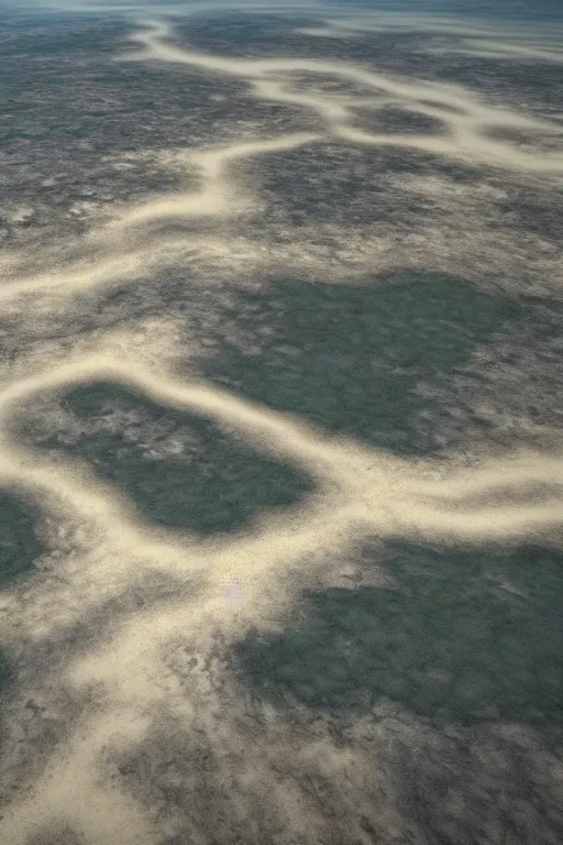 Prompt: realistic full height cinematic stunning dry river delta aerial view of dense swampland by denis villeneuve and hiroshi yoshida and rothko, fluid simulation in houdini, distant mountain range, hyperrealism, moorland, matte painting, trending on artstation, 8 k very hight detail, rendered in octane