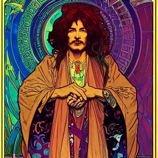 Prompt: “colorfull artwork by Franklin Booth and Alphonse Mucha and Moebius showing a portrait of Led Zepplin”