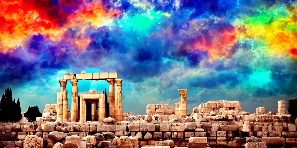 Image similar to spiritual chakra energies in the huge ruins of the second temple in jerusalem, dreamy sky, the third temple hovers quietly hiding in the sky above, very colorful painting 8 k trending on art station, intricate superb details, digital art, cinematic lighting, volumetric lighting, photographic, blur bokeh defocus dof sky by afremov, award winning masterpiece.