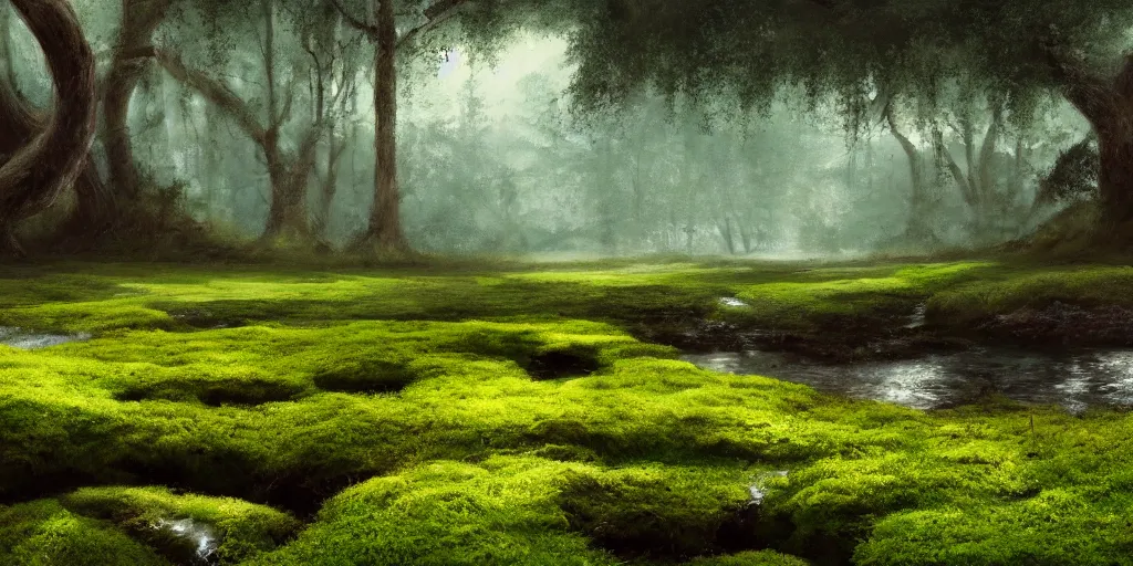 Image similar to gorgeous fields of moss landscape with glistening water in the background, landscape, beautiful, intricate details, highly detailed, sharp focus, concept art, digital painting, trending on artstation, still, screenshot, photo, photograph