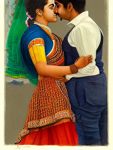 Image similar to water color painting, artwork by raja ravi varma, of a solo individual portrait of a guy and a girl kissing, dapper, simple illustration, nostalgic, in love, full of details