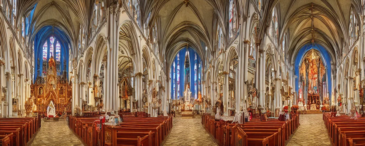 Prompt: a catholic church made out of candy, 4 k hdr, smooth, sharp focus, hyper realistic, award - winning photo, old english artstyle