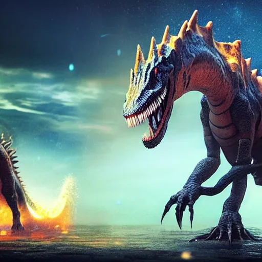 Prompt: dinosaur, spinosaurus, cultivator, magic god facing the heavenly dragon lightning tribulation : : chinese fantasy, hyper realistic, high detailed, nebula background, epic legendary, award winning, 4 k, render amazing, cinematic, vibrant, unreal engine, 8 k render, majestic, dramatic lighting, octane render, mysterious, stopped in time