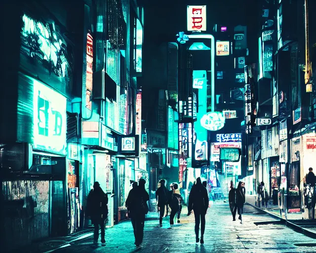 Image similar to people walking down a cyberpunk street at night
