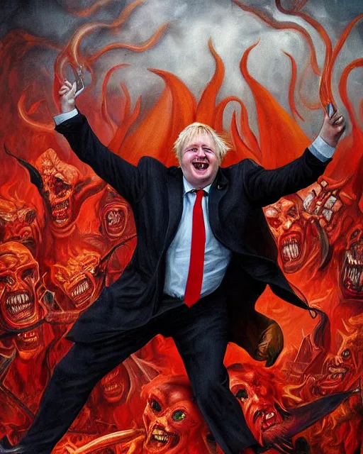 Prompt: dark fantasy painting of uk politician former prime minister boris johnson wearing a suit of red dancing smiling in the fiery pits of hell, smiling and having fun with demons, satanic imagery, pagan, satanic symbolism, 4 k detail