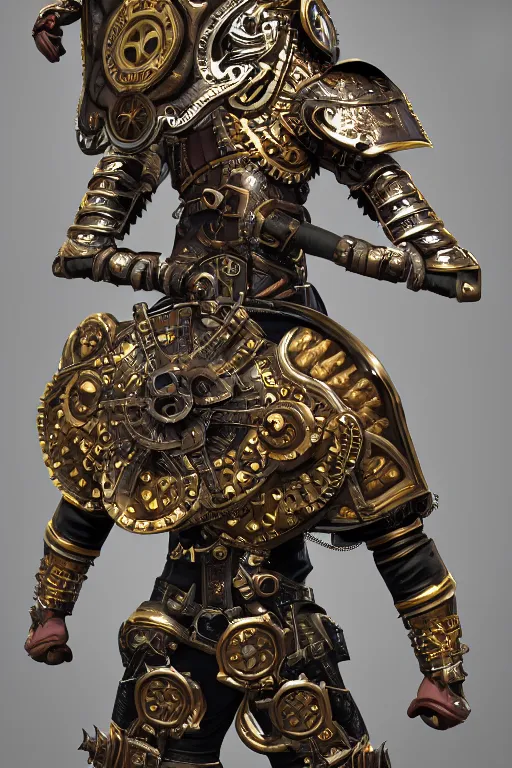 Image similar to steampunk paladin in dynamic pose, full body portrait, octane render, 4k, extremely ornate armor and shield, highly intricate