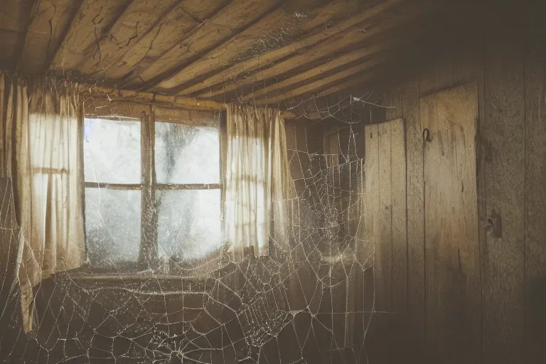 Prompt: a film production still, 2 8 mm, wide shot of a cabin interior, wooden furniture, cobwebs, spiderwebs, dynamic volumetric lighting, abandoned, depth of field, cinematic