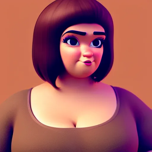 Image similar to A portrait of a full figured woman, a cute 3d cgi toon woman with brown hair in a Bob, brown eyes, full face, olive skin, romanian heritage, medium shot, mid-shot, hyperdetailed, 8k, trending on artstation, as a Pixar character