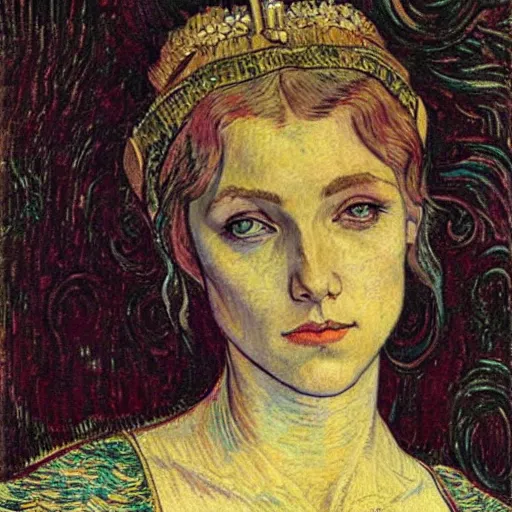 Image similar to detailed realistic beautiful young medieval queen face portrait by jean delville and vincent van gogh, art nouveau, symbolist, visionary, gothic, pre - raphaelite