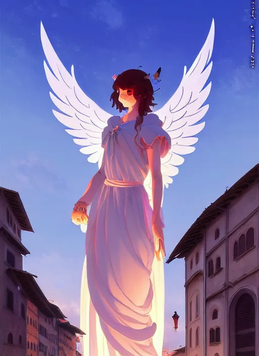 Image similar to florence italy in 1 8 2 0, an angel holds a nightingale bird in one outstretched hand and a turkish lamp in the other, finely detailed perfect art, gapmoe yandere grimdark, trending on pixiv fanbox, painted by greg rutkowski makoto shinkai takashi takeuchi studio ghibli