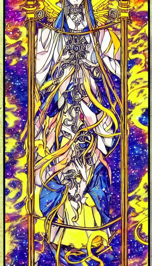 Image similar to anime tarot card based on the card Judgement,, beautiful lines, cosmic, psychedelic, detailed, clean