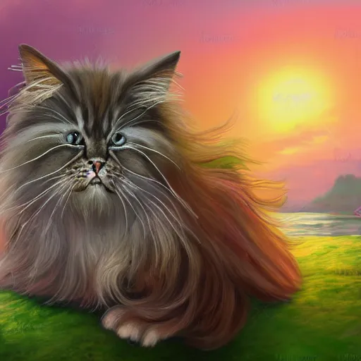 Image similar to oil painting portrait of a long haired fluffy cat wearing flower crown and lei necklace on tropical island background digital art, concept art, highly detailed, 3-D 4k, trending on art station, Mark Brooks,