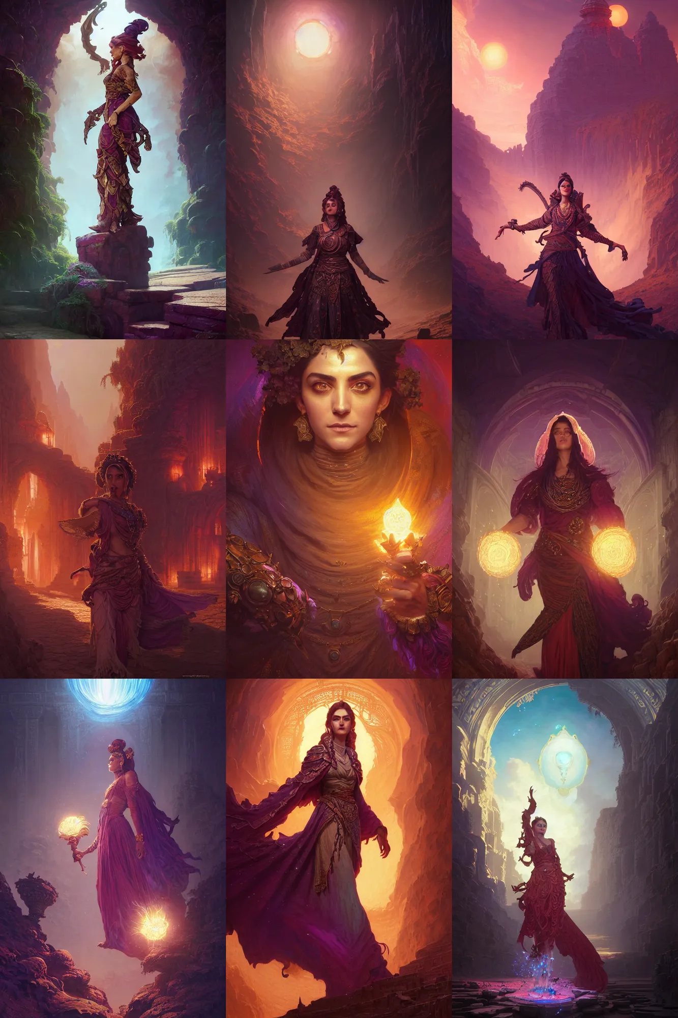 Prompt: portrait of maya ali sorcerer, gloomhaven, highly detailed, octane render, by greg rutkowski, loish, ferdinand knab, kuvshinov, rossdraws, tom bagshaw, mucha, stephen bliss, sargent and leyendecker and greg hildebrandt, global illumination, radiant light, abstract rippling background, gaudy colors