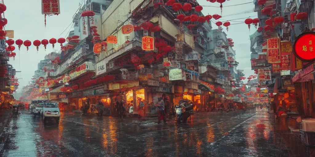 Prompt: a quiet petaling street in chinatown, kuala lumpur, pedestrians, cars, motorbikes, rainy day, matte painting, studio ghibli, artstation