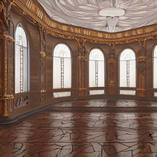 Image similar to art nouveau, interior, big open floor, 3 d v - ray photo realistic, ambient aclution, 8 k