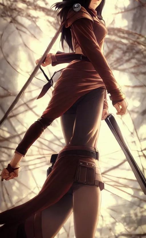 Image similar to mikasa ackerman, hero pose, medium shot, bokeh, beautiful face!!!!, 2 7 years old, cg animation, lifelike, animated, realistic, character select portrait, by artgerm, greg rutkowski, alphonse mucha, 3 d