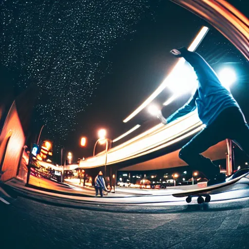 Image similar to fisheye lens photo of a skateboarder in Tokyo, night time, 8k, cinematic