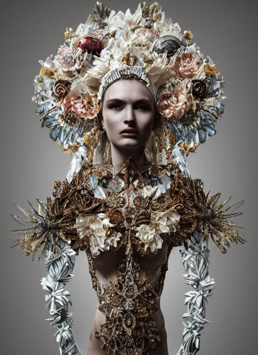 Image similar to full body environmental portrait photo of a goddess as angel, ornate headpiece made from flowers, ornaments, glamour shot by gemmy woud - binnendijk, chris knight, photorealistic, canon r 3, fashion photography, ornate, elegant, luxury and elite, symmetrical features, octane render, unreal engine, solid dark grey background, clamp shell lighting