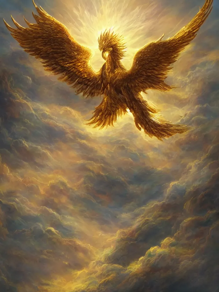 Image similar to A golden phoenix soaring in the clouds, A beam of holy light hits the phoenix，fantasy matte painting，cg concept design，Illustrations， rich colors, high details，light effect，by Fenghua Zhong and Huang Guangjian ,trending on cgsociety and artstation，8kHDR，