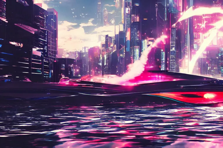 Prompt: Anime Cyberpunk Speedboat going Full speed, movie still, speed, cinematic Panavision 5384 film