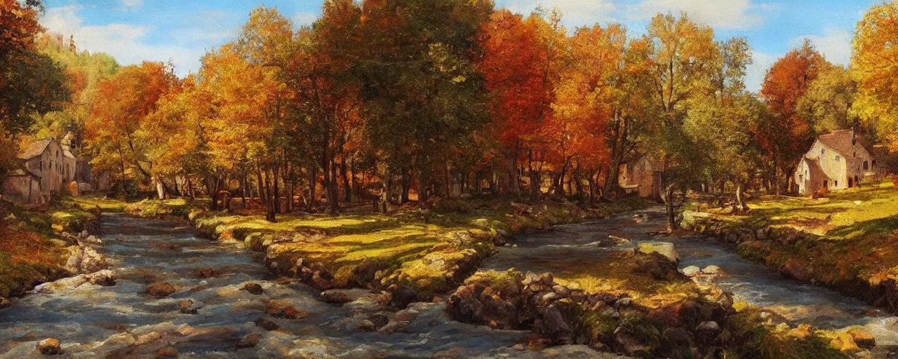 Prompt: a river running through a medieval village, autumn, beautiful colors, classic painting, award winning, highly detailed