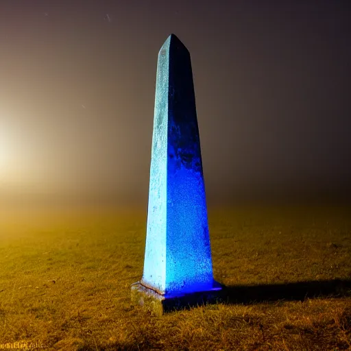 Image similar to magical blue glowing obelisk standing on a plain in the moonshine at night. foggy. eerie.