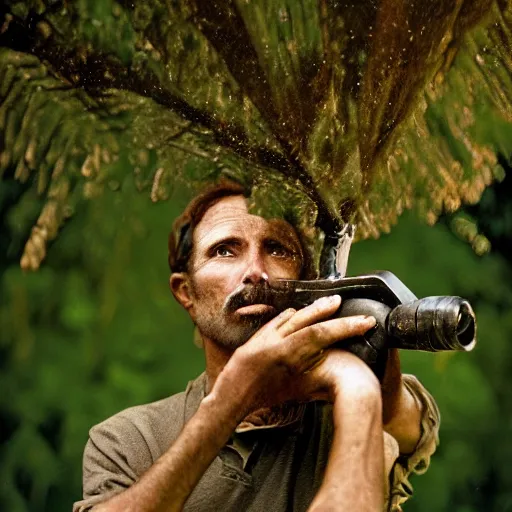 Image similar to closeup portrait of a man with a leafblower fighting a tree, by Steve McCurry and David Lazar, natural light, detailed face, CANON Eos C300, ƒ1.8, 35mm, 8K, medium-format print